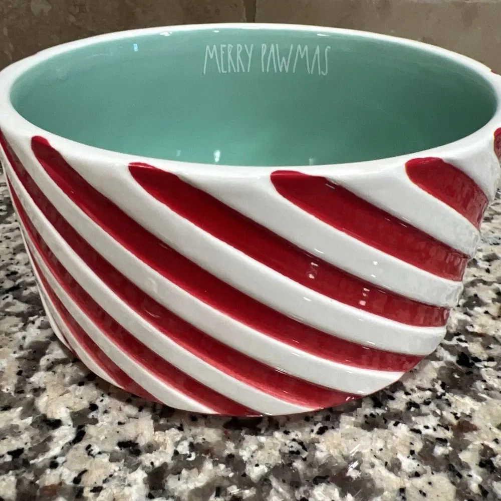 New Rae Dunn Pet Dog Bowl Red White Candy Cane Stripe Merry Pawmas Xmas 6.5x3.5